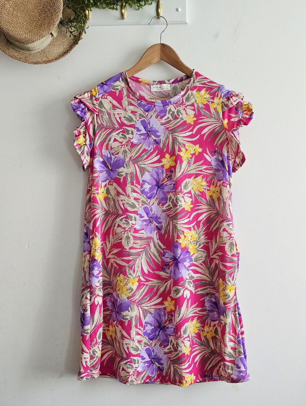 Perfect Peach Floral Ruffle Sleeve Pocket Shift Dress Pink Purple M